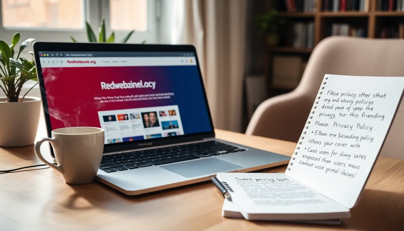 A laptop displaying Redwebzine's privacy policy in a cozy workspace.