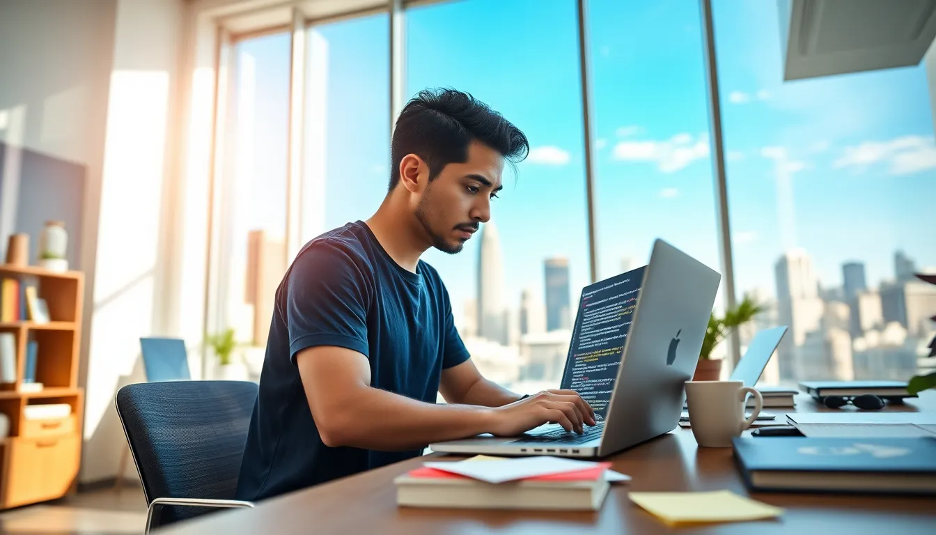 a web developer coding on a laptop in a modern office.