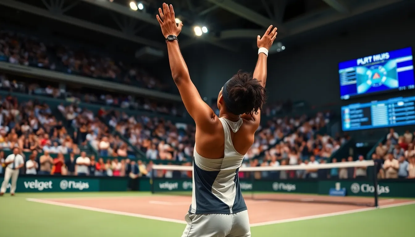 young tennis player celebrating a victory in a packed stadium.